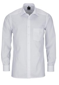 Camicia bianca a maniche lunghe con chiusura a bottoni, taschino sul petto e colletto classico. Realizzata in tessuto liscio con una texture sottile.