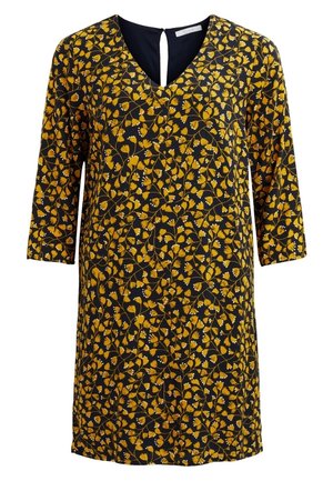 Robe noire à manches trois-quarts avec un motif floral jaune dense et une petite ouverture en forme de goutte d'eau à l'encolure.