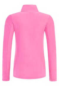 Veste polaire rose à manches longues avec col montant vue de dos sur fond blanc.