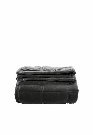 Dark grey folded weighted blanket with stitched square patterns for even weight distribution.