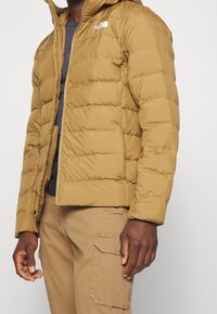 Braune Pufferjacke mit Kapuze, gesteppter Textur und silbernem Reißverschluss. Hat ein Logo auf der Brust und wird über einem grauen Shirt getragen.