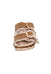 Brown suede slide sandal with plush shearling lining, two adjustable straps, and a cork footbed for comfort. White rubber outsole.
