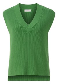 Grün ärmellose Strickweste mit V-Ausschnitt und gerippter Textur, entworfen für legere Kleidung.