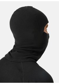 Sort fleece balaclava, der dækker hoved og nakke, med en glat tekstur og tæt pasform, designet til varme i kolde forhold.