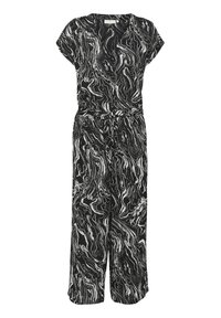 Black and white patterned jumpsuit with short sleeves, a tied waist, wide legs, and a fluid, lightweight fabric.
