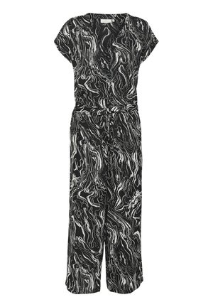 Zwart-witte jumpsuit met een patroon, korte mouwen, een strik taille, wijde benen en een vloeiende, lichte stof.