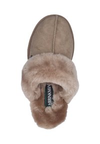 Beige suede slipper with a fluffy tan faux fur cuff. Rounded shape, stitched detailing, and a green brand label visible inside.