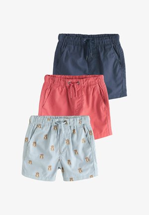 Drie korte broekjes voor peuters met elastische taillebanden en trekkoorden: marineblauw, koraalroze en lichtblauw met bruine teddybeerprints.