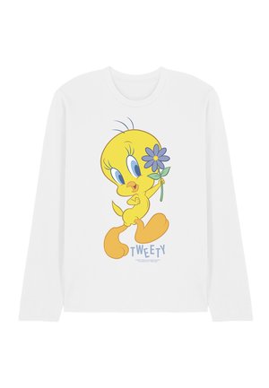White long-sleeve shirt featuring a yellow cartoon bird holding a purple flower, with the word "TWEETY" printed below the character.