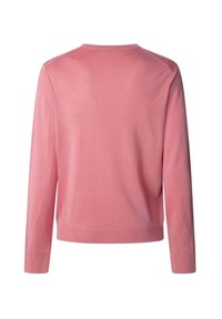 Suéter rosa de manga larga, cuello redondo y ajuste ceñido. Fabricado con una tela suave de textura lisa y sin patrones visibles ni herrajes.