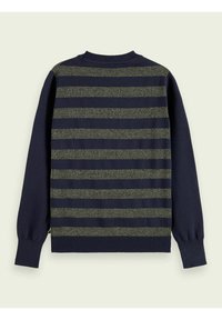 Suéter azul marino con anchas franjas verdes brillantes, puños y cuello acanalados, y espalda lisa. Tejido suave con acabado texturizado.