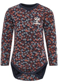 Långärmad bodysuit i marinblått med ett färgglatt geometriskt m�önster av röda och grå former. Tryckknappar i botten för enkel omklädning.