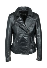 Svart lädermotorcykeljacka med notched krage, asymmetrisk dragkedja och tryckknappsdetaillering på sidorna. Texturerad yta.