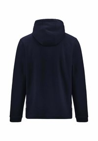 Felpa blu navy con cappuccio ampio, maniche lunghe e polsini a costine. Presenta una texture liscia e morbida e una discreta etichetta con logo sul lato.
