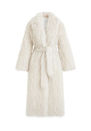 Fluffy, long white robe made of soft, textured material with a tied belt at the waist and wide sleeves, featuring a cozy shawl collar.
