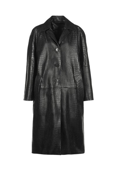 Black leather coat with a crocodile texture, featuring a collar, three buttons, and a knee-length design. Smooth finish and loose fit.