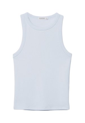 Débardeur sans manches bleu clair en coton doux. Doté d'un col rond et de bords lisses, sans motifs ni accents visibles.