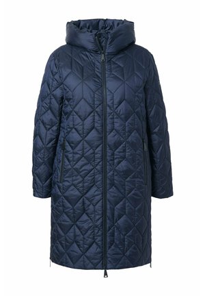 Navy gesteppter Puffer-Mantel mit hohem Kragen, vorderem Reißverschluss und Seitentaschen. Aus leichtem, glattem Stoff gefertigt.