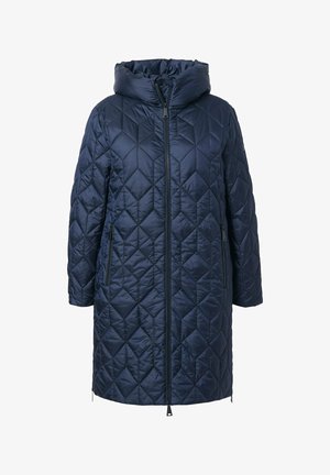 Granatowa pikowana kurtka puchowa z wysokim kołnierzem, zamkiem błyskawicznym z przodu i bocznymi kieszeniami. Wykonana z lekkiego, gładkiego materiału.