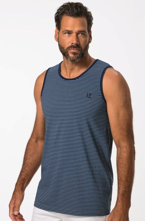 Top sin mangas a rayas azul marino y blanco, hecho de una tela suave, con un cuello redondo y un pequeño logo en el pecho.