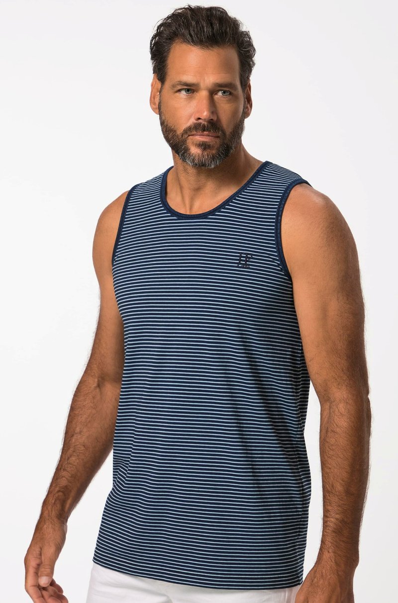 Canotta a righe blu navy e bianco realizzata in tessuto morbido, con scollatura a girocollo e un piccolo logo sul petto, senza maniche.