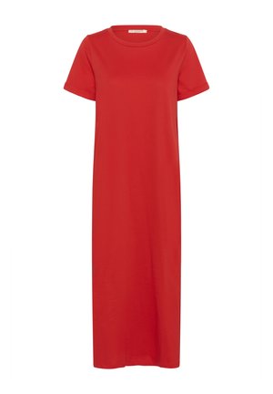 Röd bomullsmaxiklänning med korta ärmar, rund halsringning och rak silhuett, med en slät textur och utan synliga mönster.