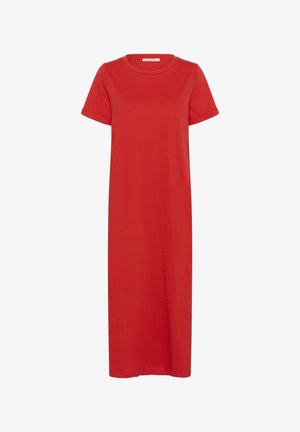 Rotes Baumwolle-Maxi-Kleid mit kurzen Ärmeln, rundem Ausschnitt und gerader Silhouette, zeichnet sich durch eine glatte Textur und keine sichtbaren Muster aus.