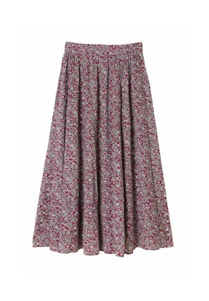 Floraler Midi-Rock mit gerafftem Bund, aus leichtem Stoff gefertigt. Er zeichnet sich durch ein bordeauxrotes und cremefarbenes Muster mit kleinen Blumenmotiven aus.