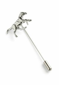 Silver hästformad kragepin med en glänsande yta, monterad på en rak metallpinne, med en rundad ände för säker fästning.