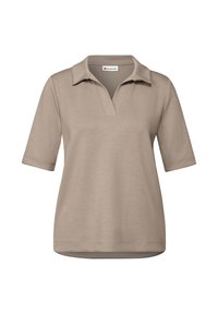 Beige polo shirt met korte mouwen, een relaxte pasvorm en een kraag met een V-hals ontwerp. Gemaakt van zachte, gestructureerde stof.