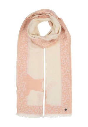 Weicher, rosafarbener und cremefarbener Schal mit Leopardenmusterrahmen und abstraktem Muster, leichter Stoff, ausgefranste Ränder, zu einer Schlaufe gefaltet.