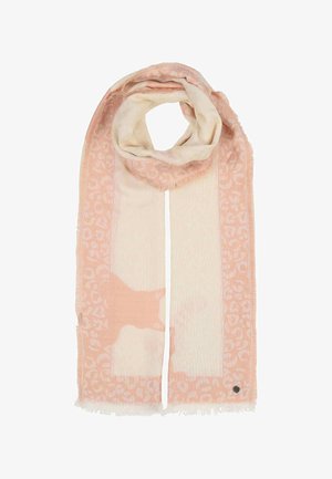 Weicher, rosafarbener und cremefarbener Schal mit Leopardenmusterrahmen und abstraktem Muster, leichter Stoff, ausgefranste Ränder, zu einer Schlaufe gefaltet.