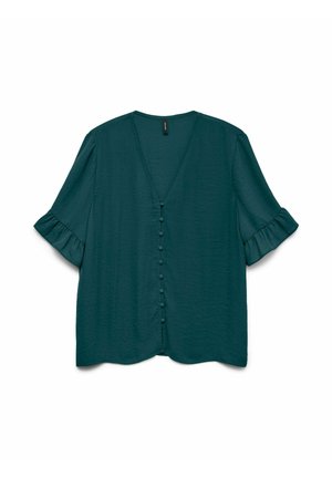 Teal kortmouw blouse met een V-hals, knoopdetails aan de voorkant en gerimpelde mouwen. Gladde textuur met een ontspannen pasvorm.