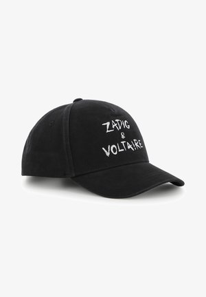 Casquette de baseball noire en tissu, avec le texte blanc "ZADIG & VOLTAIRE" sur le devant. Visière incurvée distincte et couronne structurée.