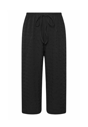Zwarte, gestructureerde, wijd uitlopende broek met elastische tailleband en vooraan koord, enkel-lang, ontworpen voor casual gebruik.
