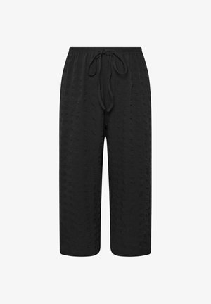 Pantalon large noir texturé avec taille élastique et cordon de serrage à l'avant, longueur cheville, conçu pour une tenue décontractée.