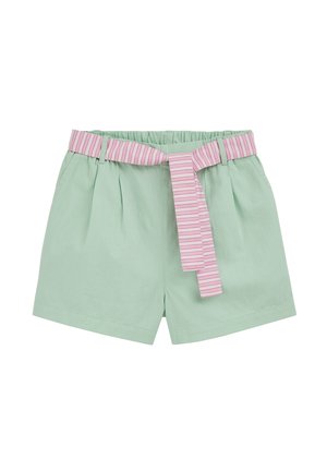 Svetlozelené šortky s elastickým pásom a ružovo-bielym pruhovaným látkovým opaskom zviazaným na uzol vpredu.