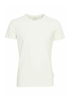 Weißes T-Shirt mit kurzen Ärmeln aus weicher Baumwolle. Hat einen runden Halsausschnitt und einen geraden Saum. Minimalistisches Design ohne Muster oder Akzente.