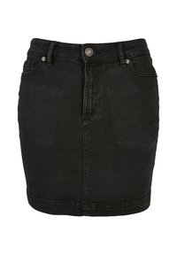 Zwarte denim minirok met knoop- en ritssluiting aan de voorkant, riemlussen en twee voorzakken.