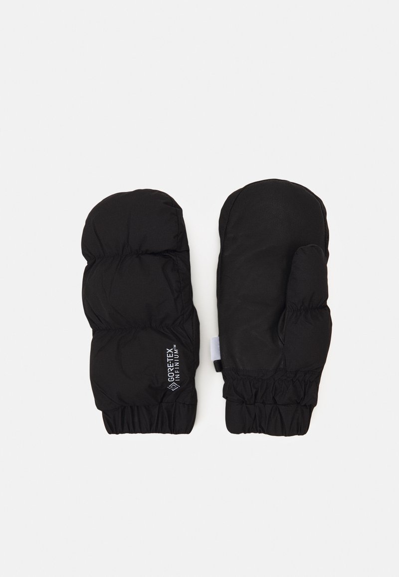 Schwarze isolierte Fäustlinge aus Gore-Tex-Material, mit einem gesteppten Design, elastischen Handgelenkabschlüssen und einem Logodetail auf einem Fäustling.