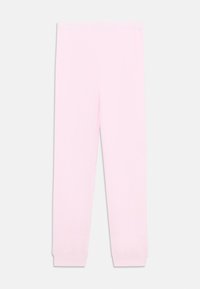 Rosa sweatpants tillverkade av mjukt tyg, med resårmidja och åtsittande muddar vid anklarna, med en slät yta genom hela plagget.