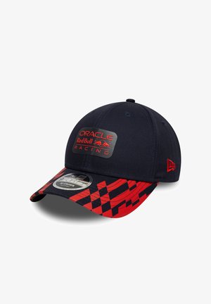 Navy cap with a red checkered brim; features an Oracle Red Bull Racing logo on the front; made of fabric with a structured design.