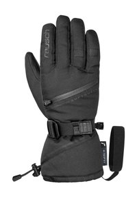 Schwarze Softshell-Ski-Handschuhe mit einer Reißverschluss-Tasche, verstellbarem Handgelenkriemen und Kordelzugverschluss für eine verbesserte Passform und Wärme.