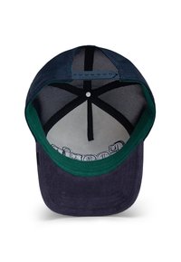 Adjustable baseball cap with a navy mesh upper, dark green visor, and soft black sweatband inside. Features a snapback closure.
