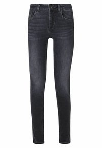 Vaqueros de mezclilla oscura con corte ajustado, cremallera en la bragueta, trabillas para cinturón y costuras decorativas en los bolsillos frontales. Textura suave y lavado mínimo.