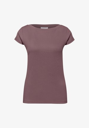 Damenoberteil aus mauvefarbenem, geripptem Strick mit kurzen Ärmeln, Rundhalsausschnitt und figurbetontem Schnitt, auf weißem Hintergrund gezeigt.