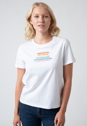 White cotton t-shirt with short sleeves featuring multicolored text in varying fonts stating different names. Casual fit, round neckline.
