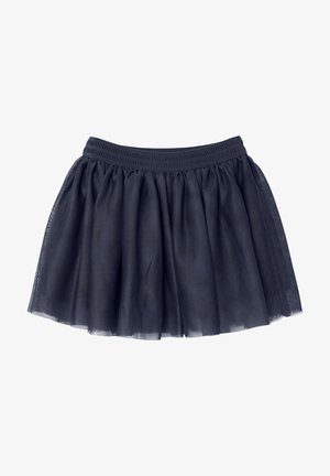 Jupe en tulle bleu marine avec un design froncé, taille élastique et texture légère. Longueur courte, superposée et apparence semi-transparente.