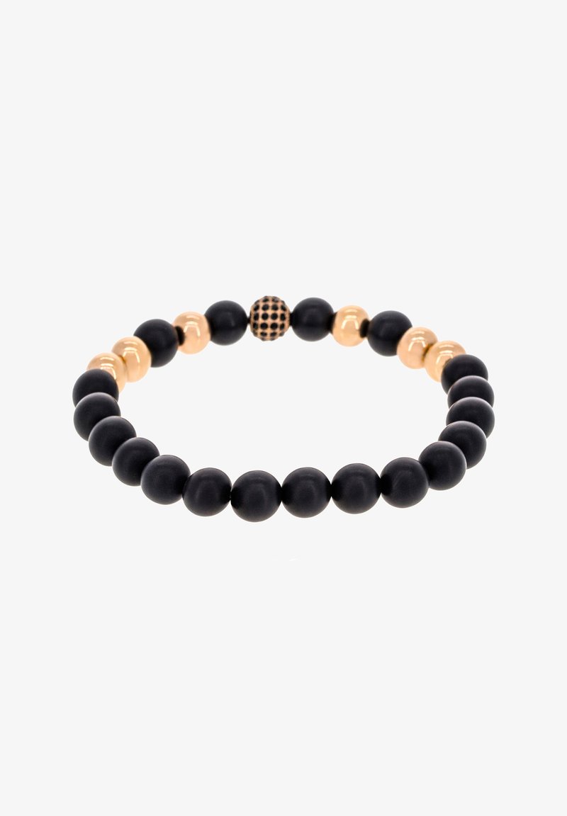 Schwarze matte Perlen mit goldfarbigen Akzenten, darunter glatte und punktierte sphärische Formen, bilden ein strukturiertes Stretcharmband-Design.