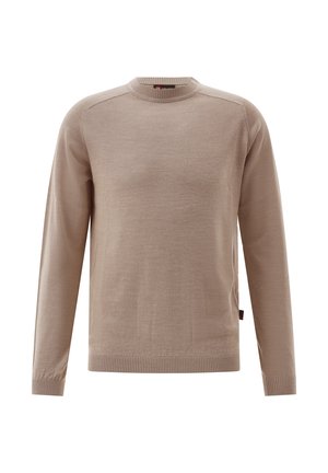 Beige knit sweater with long sleeves, crew neckline, ribbed cuffs and hem. Smooth texture with a simple design and no visible patterns.